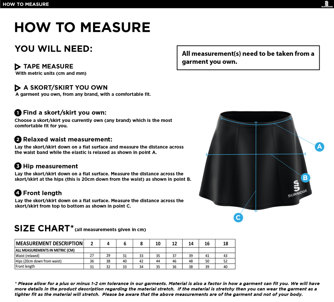 Edenfield Badminton Club Skort - Size Guide
