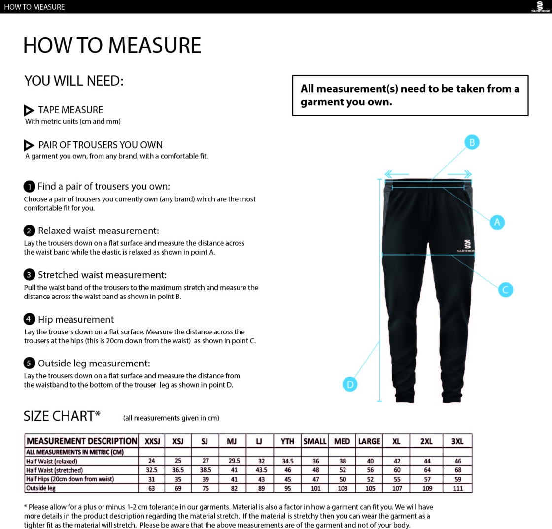 Edenfield Badminton Club  Dual Tek Pants - Size Guide