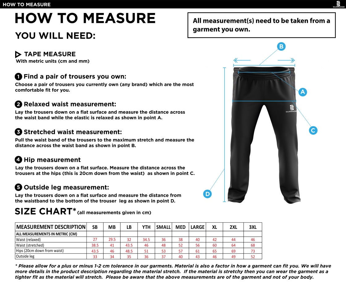 Edenfield Badminton Club Ripstop Track Pants - Size Guide