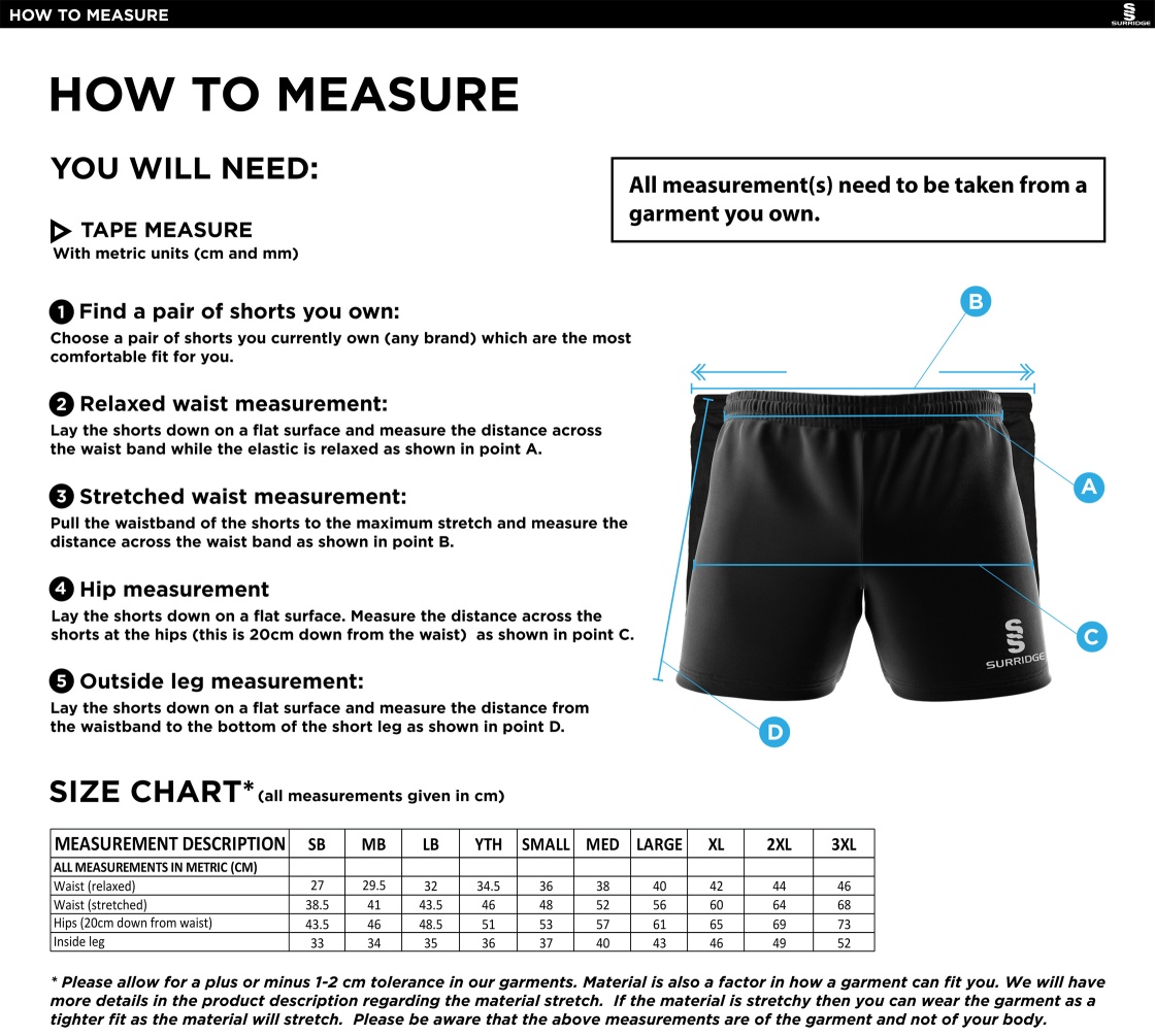 Edenfield Badminton Club Dual Shorts - Size Guide